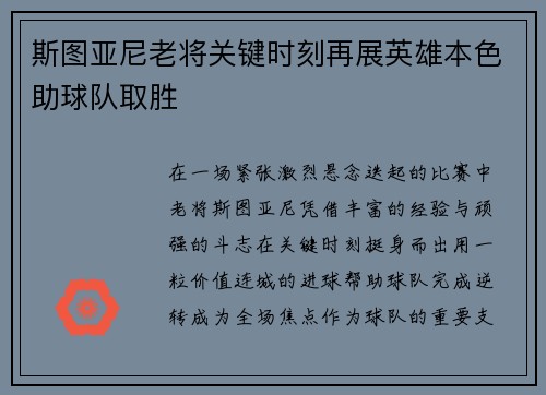 斯图亚尼老将关键时刻再展英雄本色助球队取胜 斯图亚尼老将关键时刻再展英雄本色助球队取胜