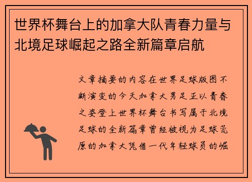 世界杯舞台上的加拿大队青春力量与北境足球崛起之路全新篇章启航